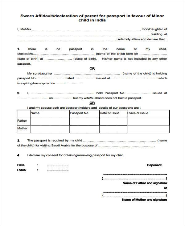 sworn affidavit form for passport