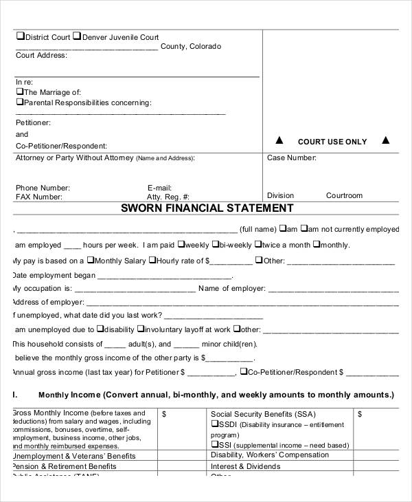 sworn financial statement form example