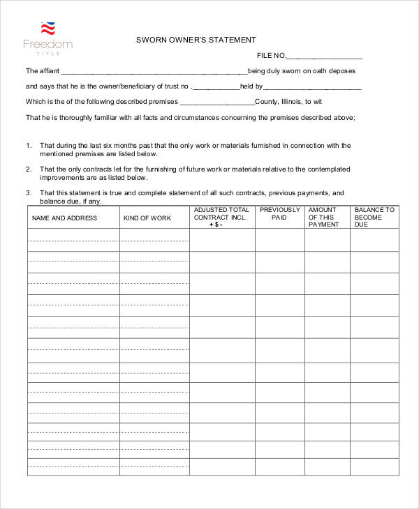 sworn owners statement form format