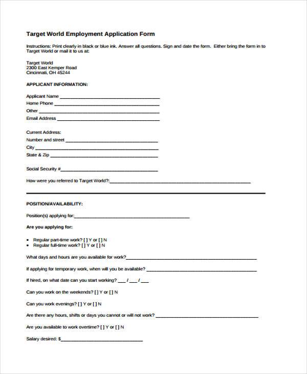 target employment application form