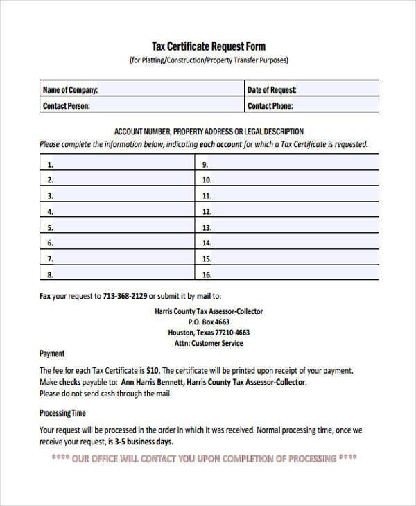 tax certificate request form