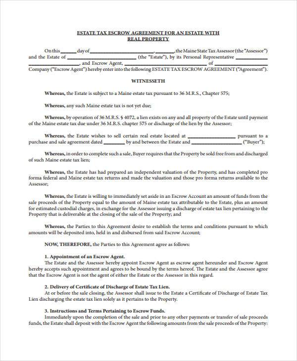 tax escrow agreement form example