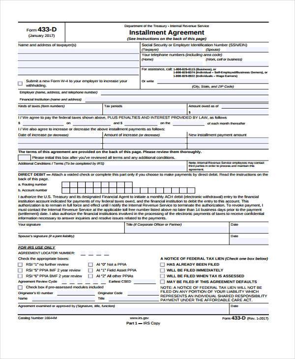 tax installment agreement form sample