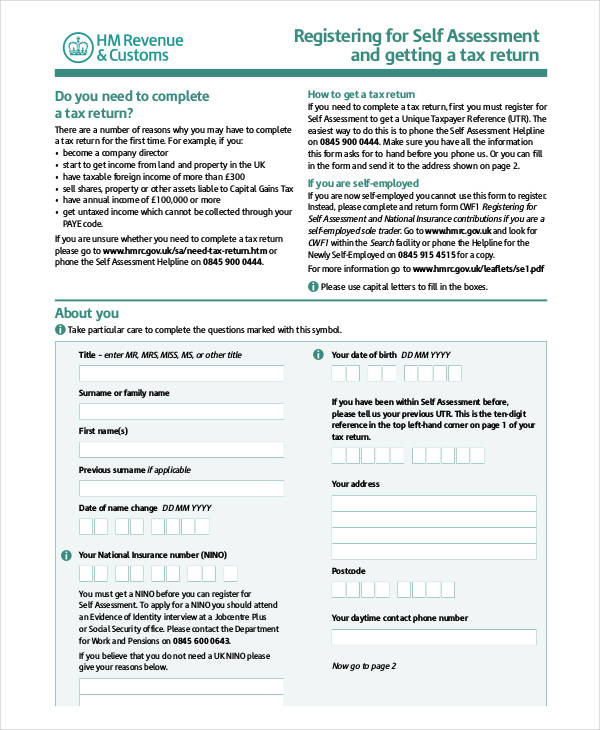 tax registering self assessment form