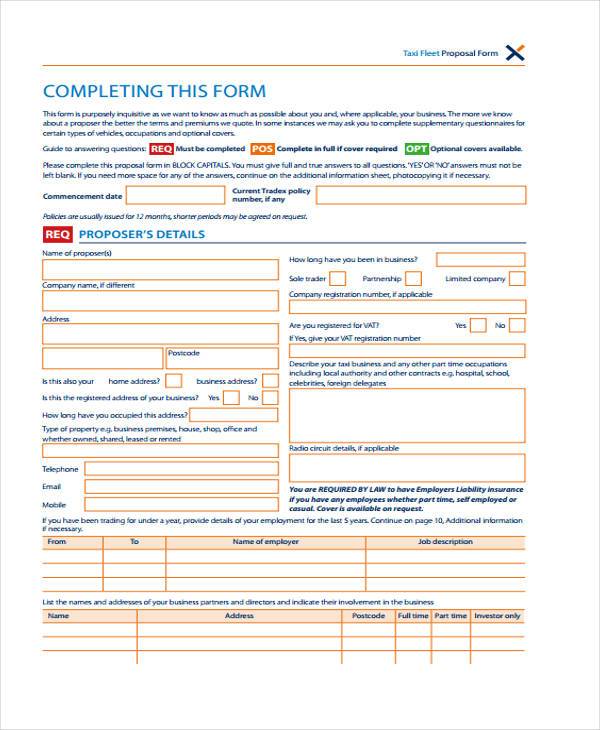 taxi fleet proposal form sample