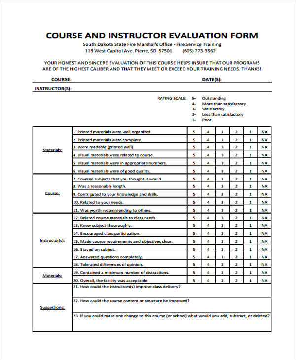 teacher course training evaluation form