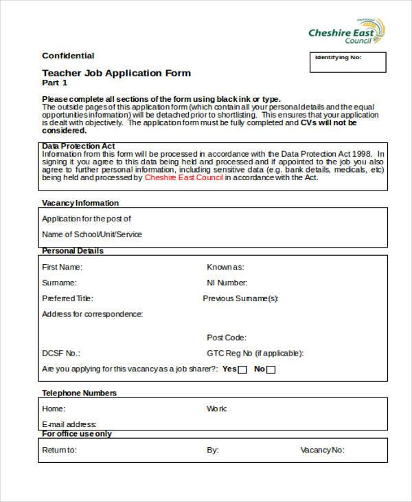 teacher job application form in word