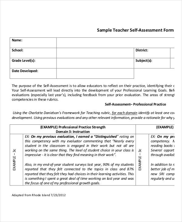 teacher self assessment form in pdf