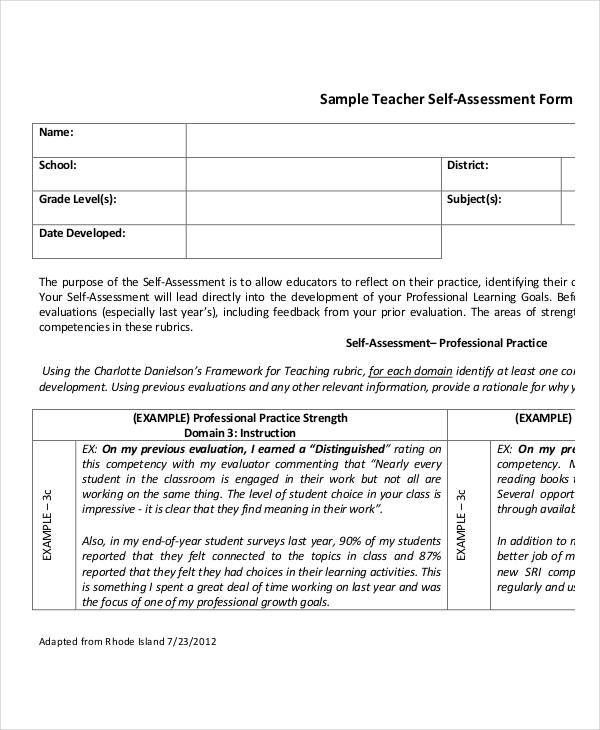 examples of teacher self assessment in education