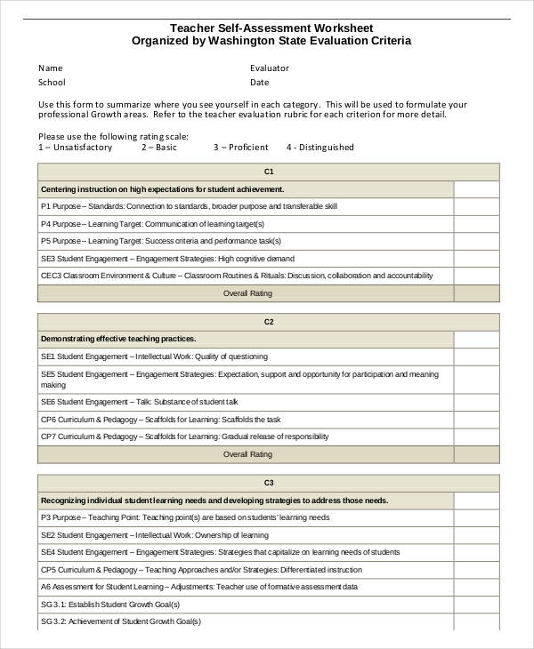 teacher self assessment worksheet