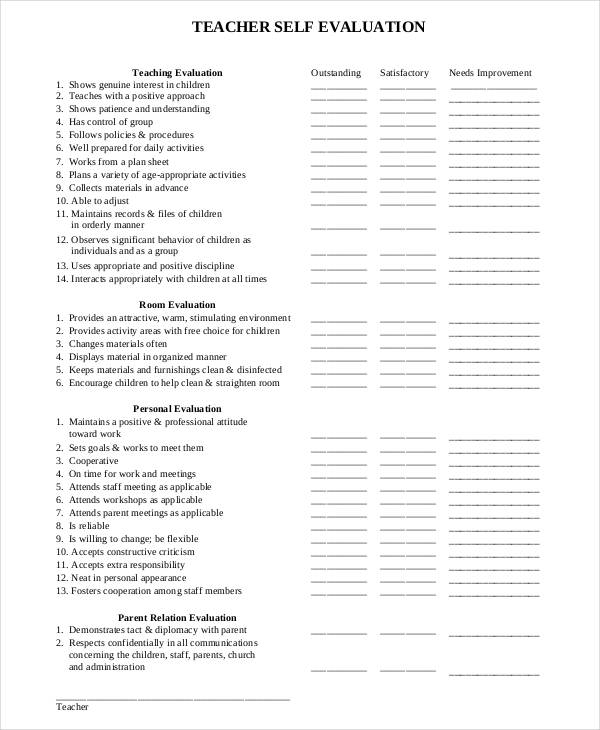 teacher self evaluation form in pdf