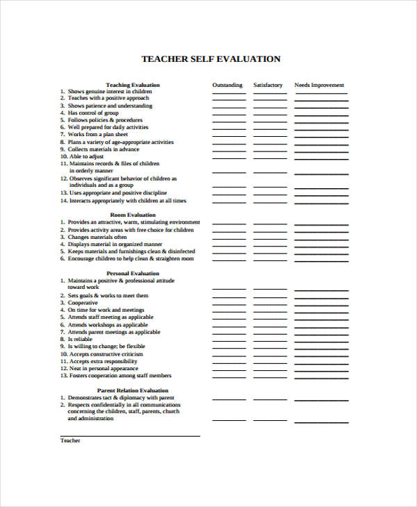 teacher self evaluation form