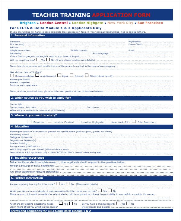 teacher training college application form