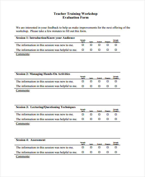 teacher training student workshop evaluation form