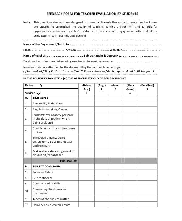 teaching feedback evaluation form