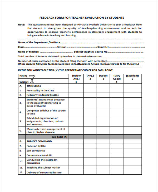 teaching student performance feedback form