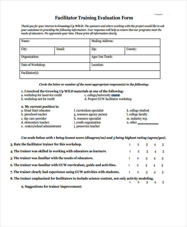 technical course training evaluation form