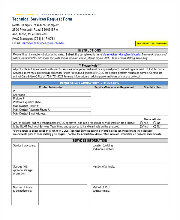 technical services request form