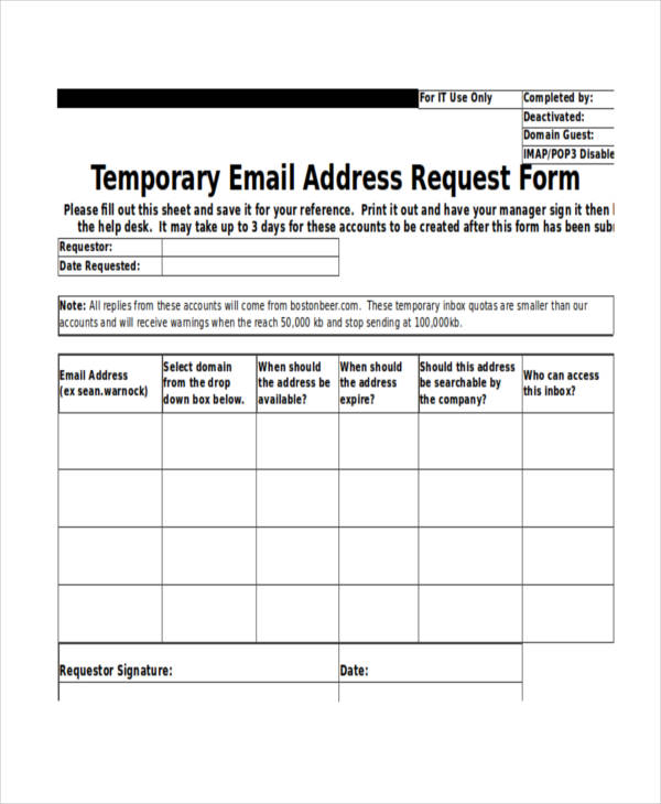 temporary email address requisition form