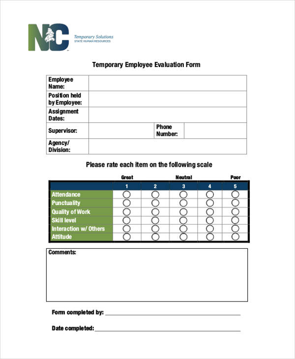 temporary employee evaluation form example