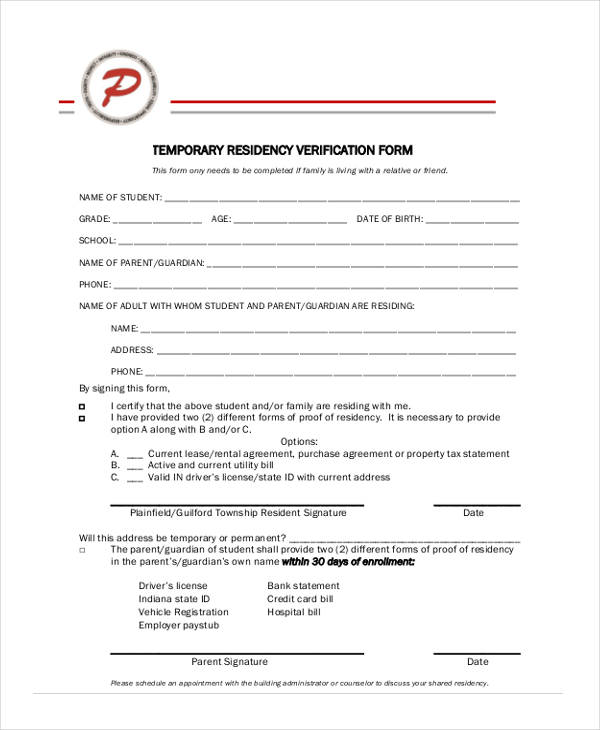 temporary residency verification form