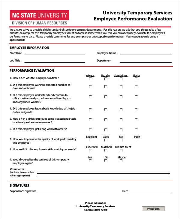 temporary services employee evaluation form