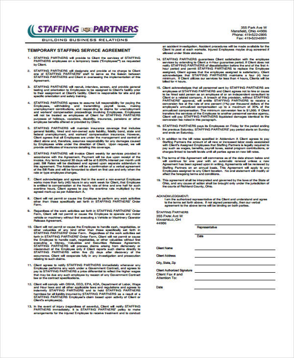 temporary staffing service agreement form