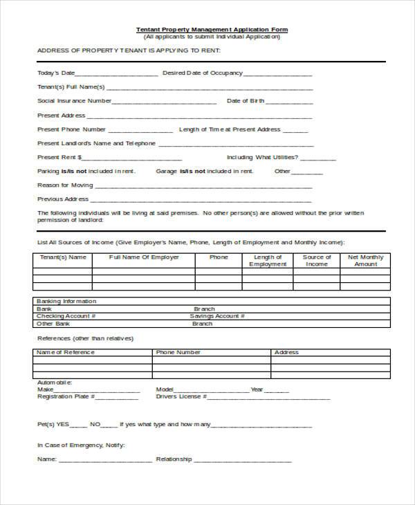 tenant application form for property management
