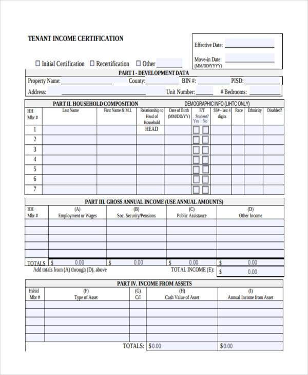 tenant income certification form