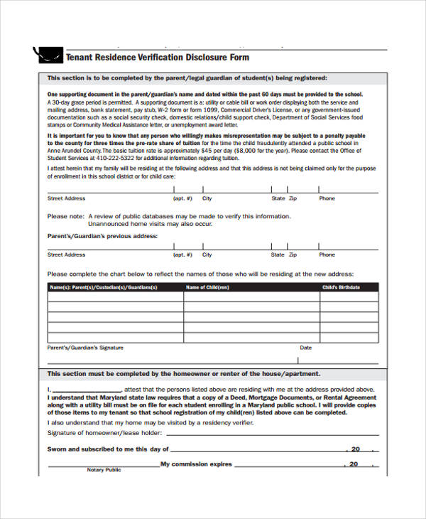 tenant residency verification disclosure form