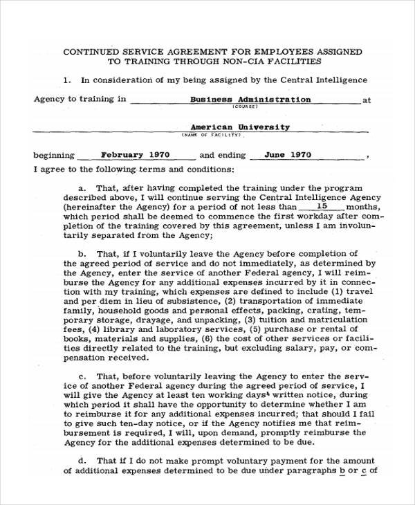 training continued service agreement form