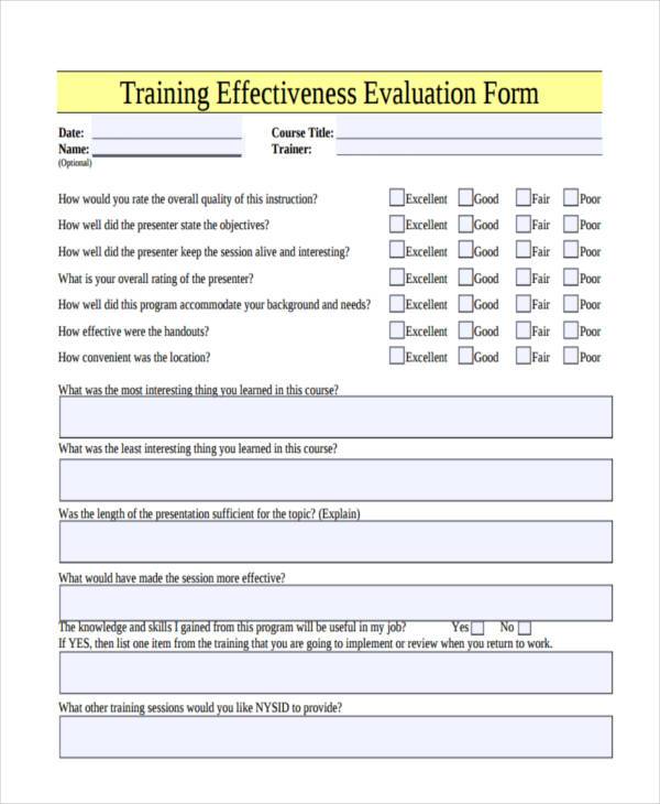 training effectiveness evaluation form