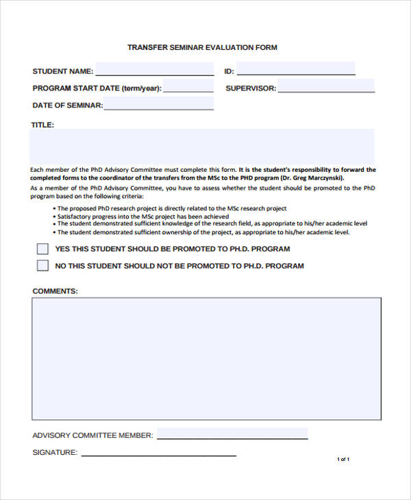 transfer seminar student evaluation form