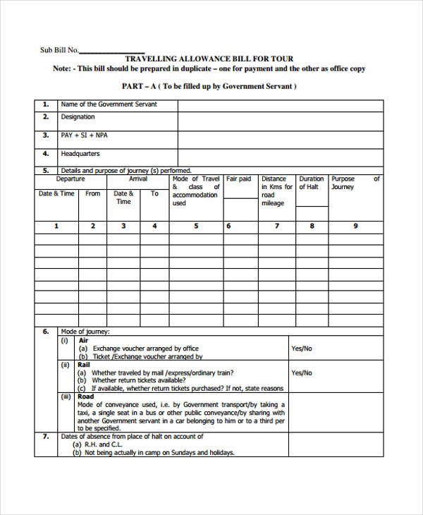 travel allowance form sample