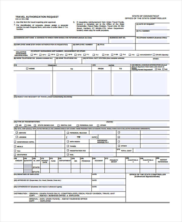 travel authorisation request form sample