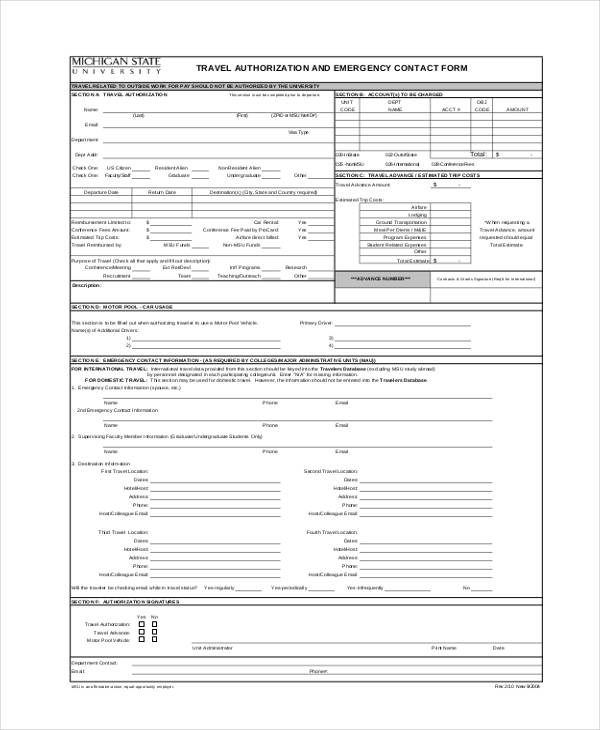 travel authorization emergency contact form