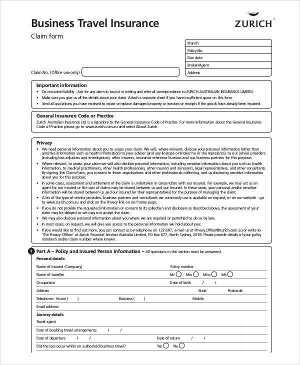 travel business insurance form