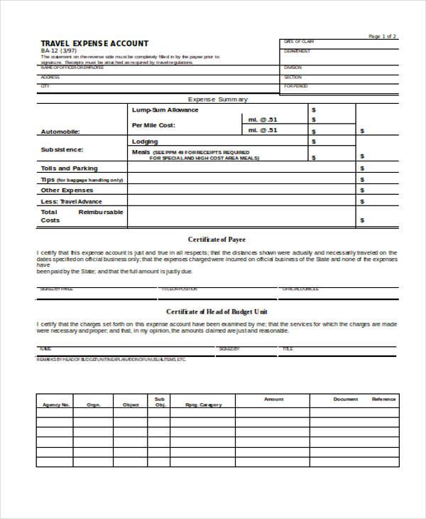 travel expense form word