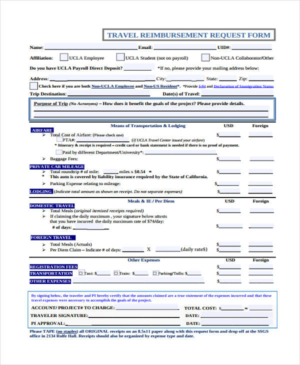 travel expense reimbursement request form