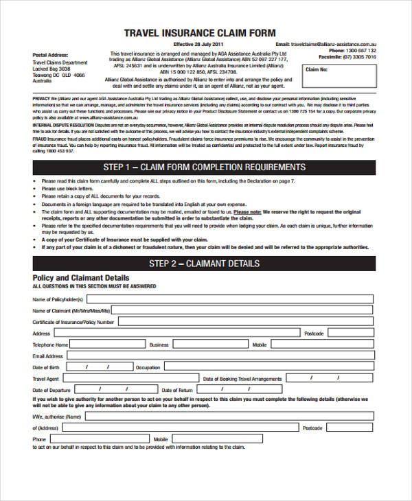 Travel Insurance Form Pdf - Bank2home.com