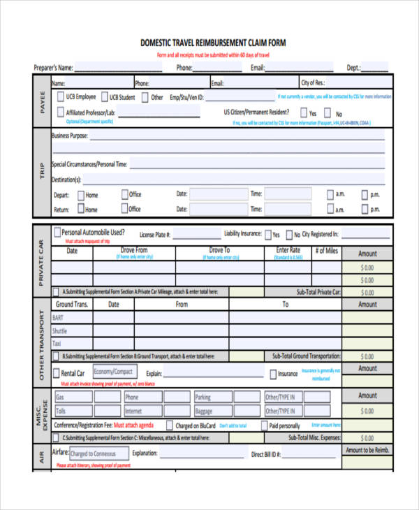 travel reimbursement claim form