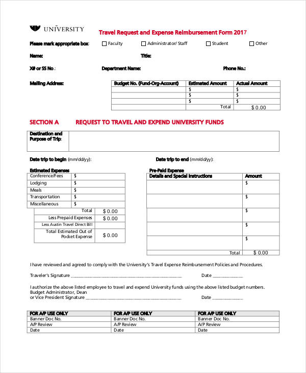 travel request expense reimbursement form