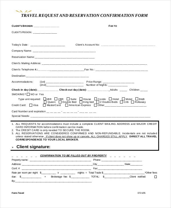 travel reservation confirmation form