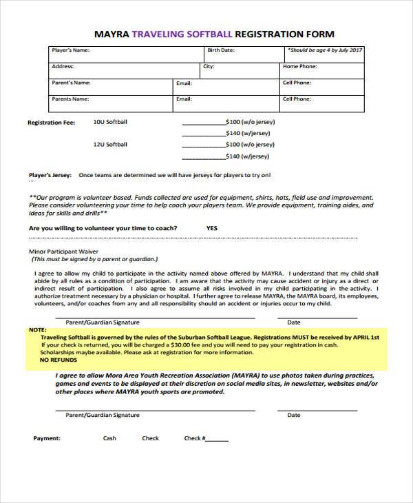 travel softball registration form