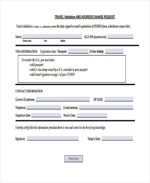 travel validation address change request form