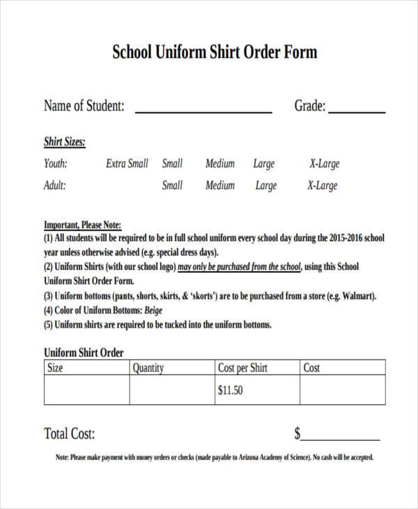 uniform shirt order form
