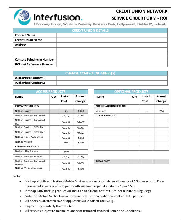 union network service order form