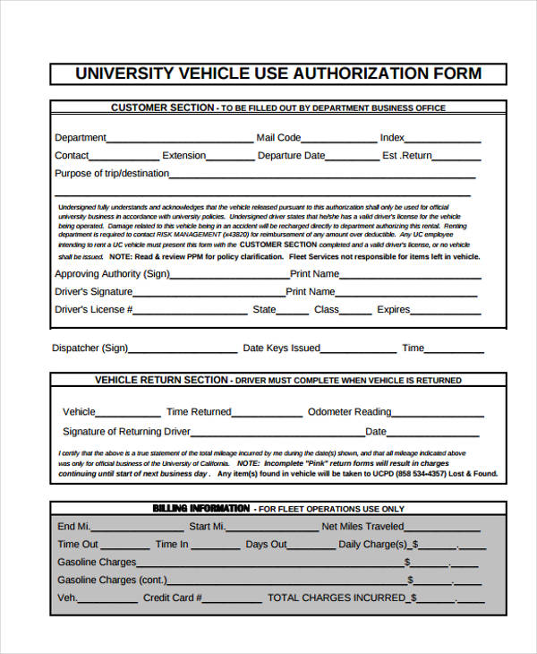 univercity vehicle authorization form