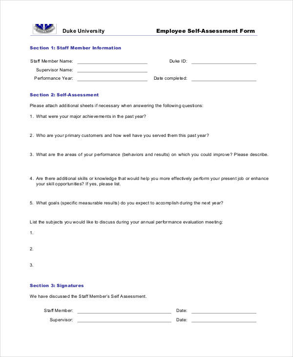 university employee self assessment form