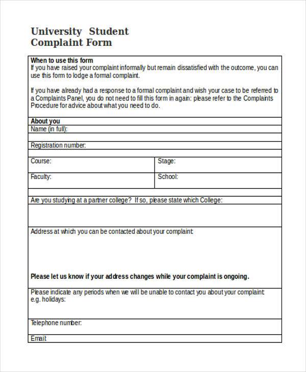 university student complaint form